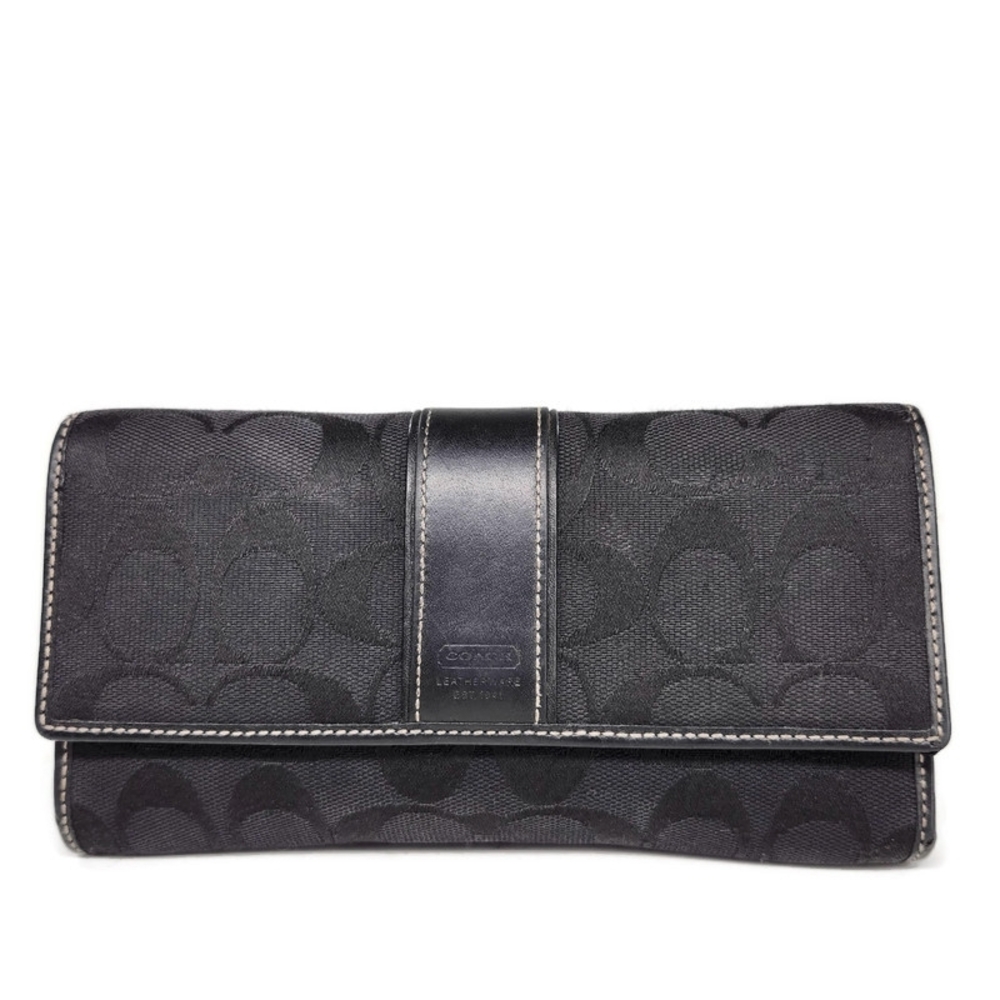 Coach Signature C Monogram Black Jaquard Fabric & Leather Long Tri-Fold Wallet